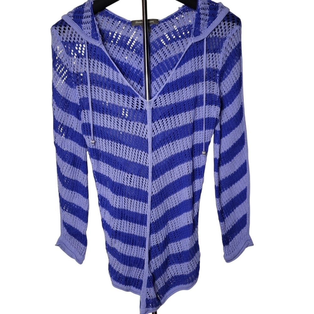 Tommy Bahama Blue Stripe Hooded Crochet Top Swimsuit Coverup